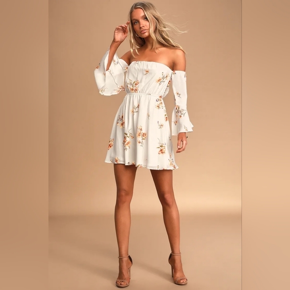 Lulus Gardens Ivory Floral Print‎ Off-The-Shoulder Mini Dress Size Small - Picture 1 of 9
